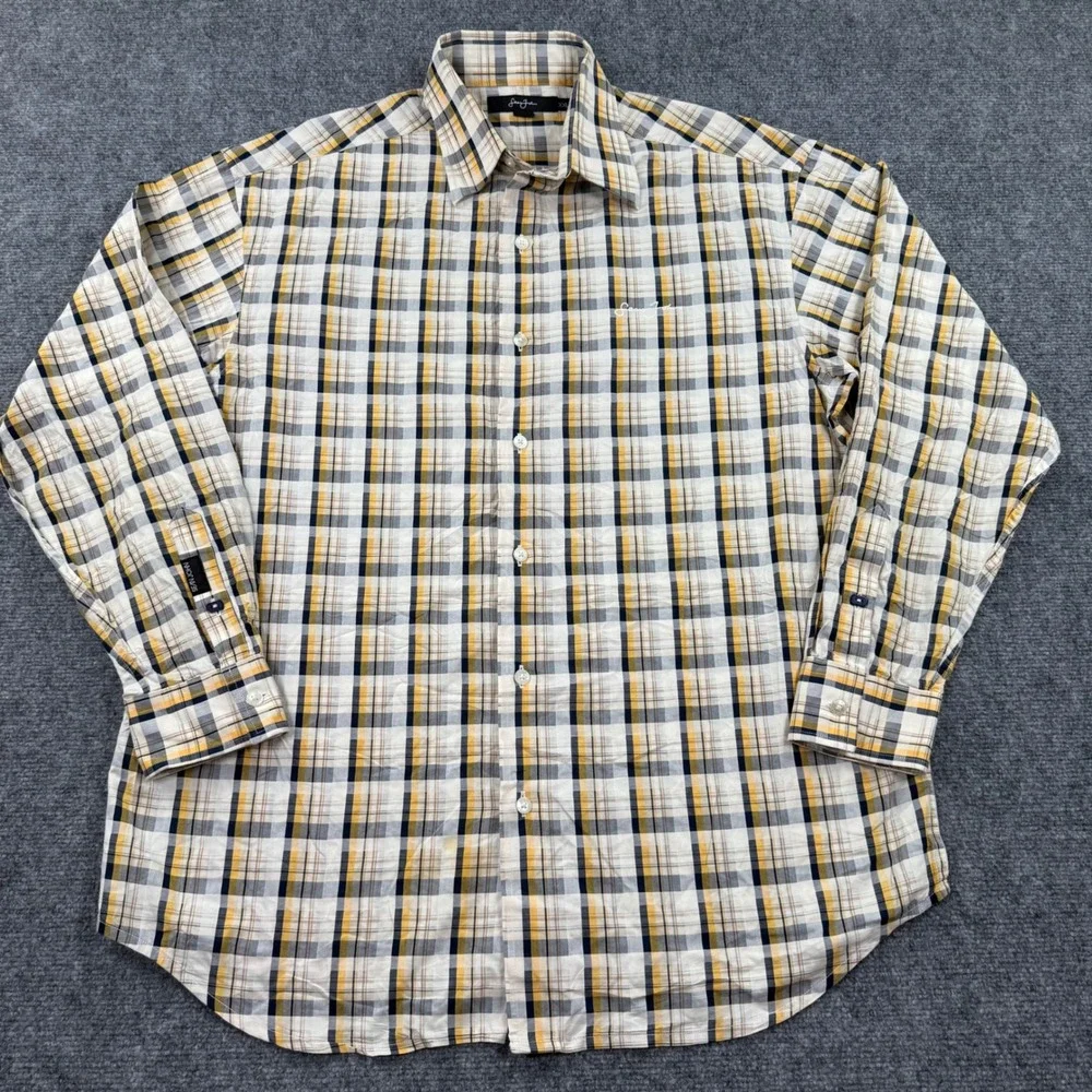 Sean John Button Down Shirt XXL Yellow Plaid Embroidered Logo Mens
